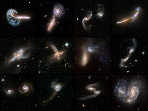 A grid of three rows and four columns, twelve images total, containing interacting galaxies of various shapes, sizes, and colors.